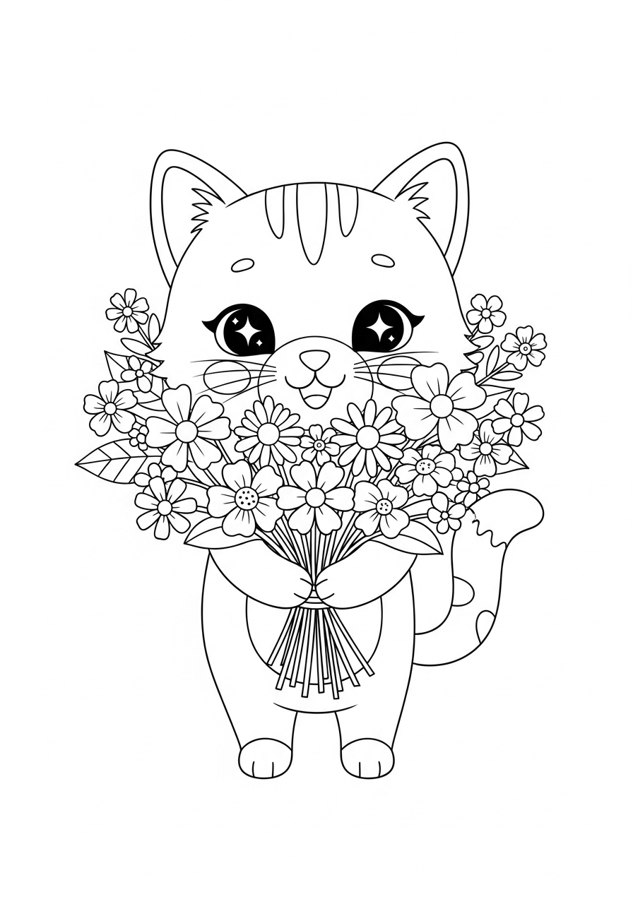 Kawaii cat holding flower bouquet coloring page